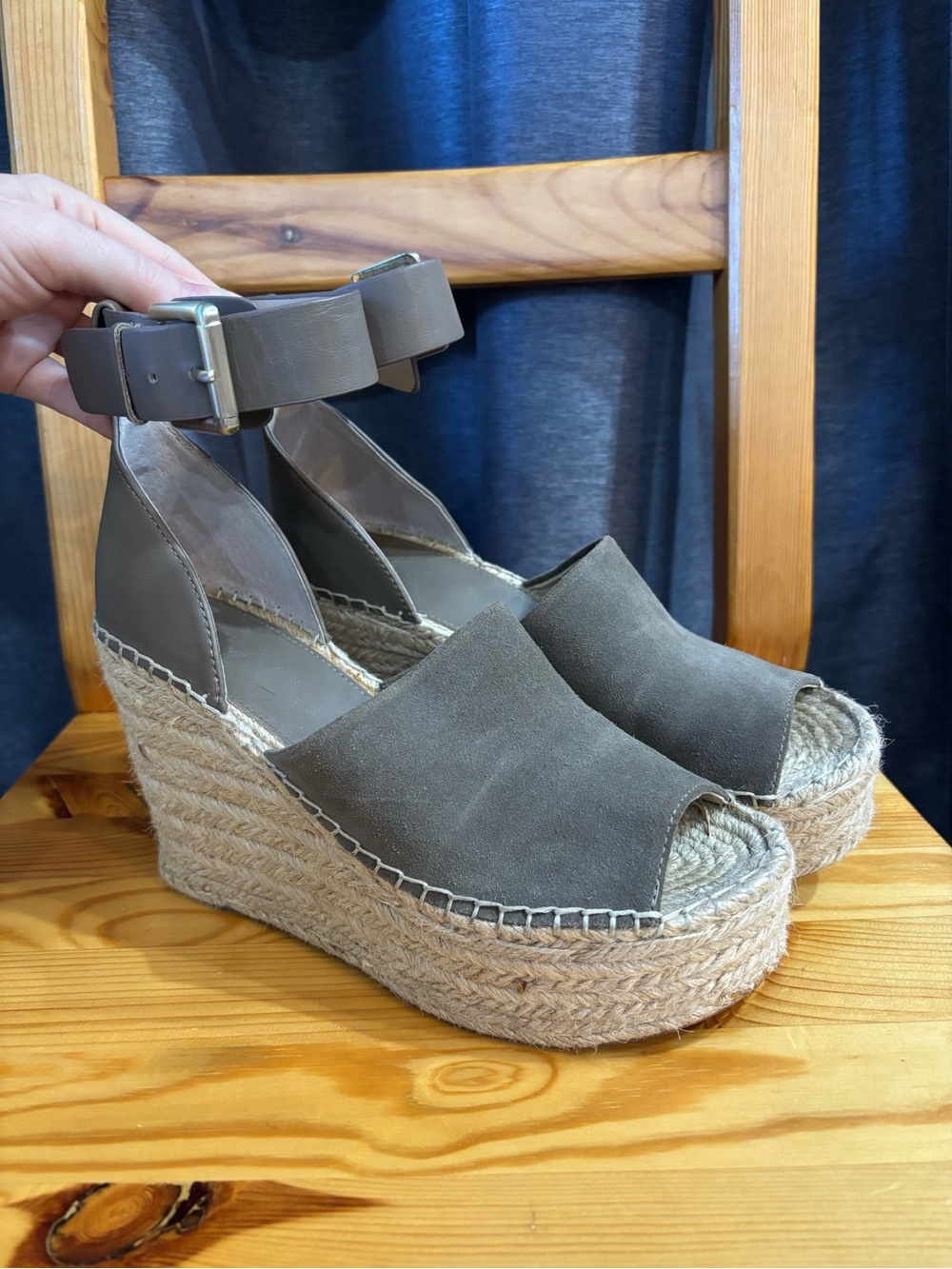 Marc Fisher Gray Suede Espadrille Wedge Sandals with Ankle Buckle